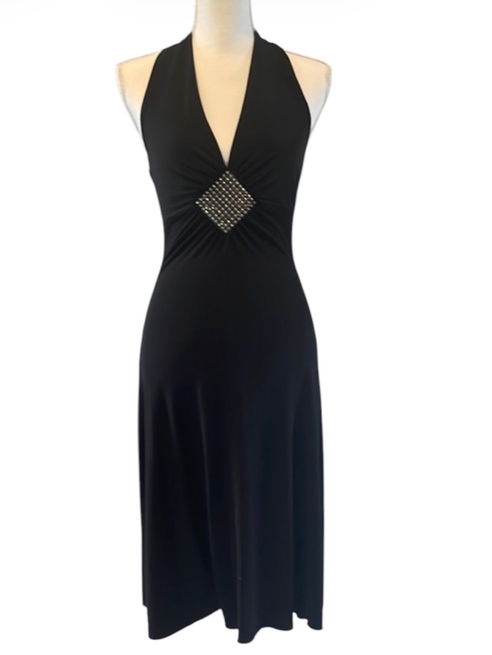 Vintage Beautiful Black With Bling Halter Dress Ruching V-Neck Open Back Small